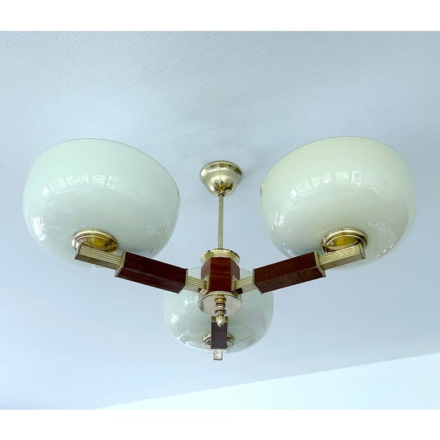 Metal Large Art Deco Pendant Light in Wood and Glass, 1930s For Sale - Image 7 of 18