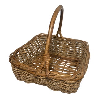 Mid-Century Appalachian Split Oak & Hand-Twisted Willow Gathering Basket With Bentwood Handle For Sale