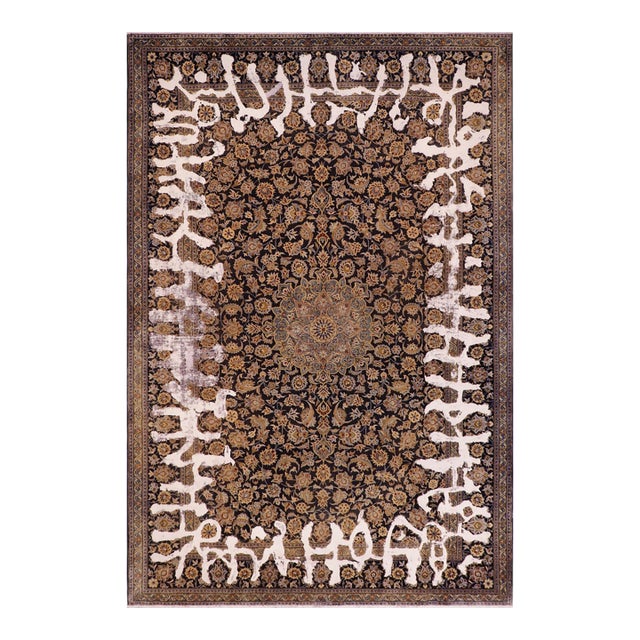 No Pile Persian Blue/Gold Wool Rug - 7'7'' X 11'1'' For Sale