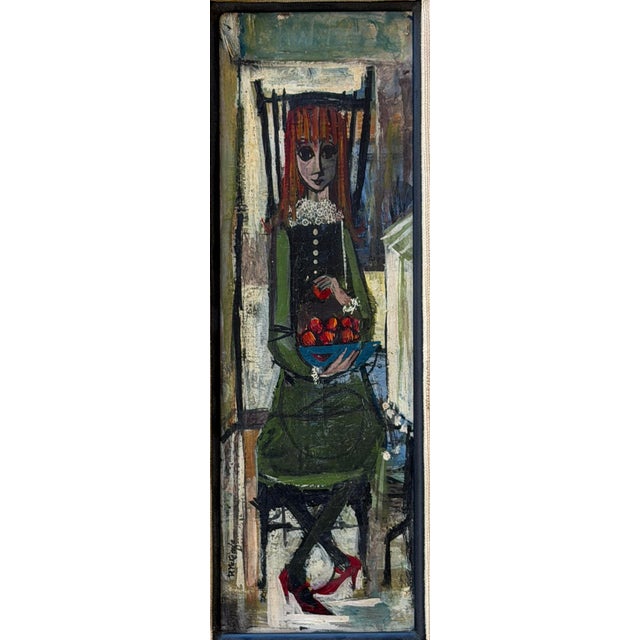 Bernard Buffet 1960s Girl With Flowers - Oil Painting - R McKenzie - Mid Century For Sale - Image 4 of 9