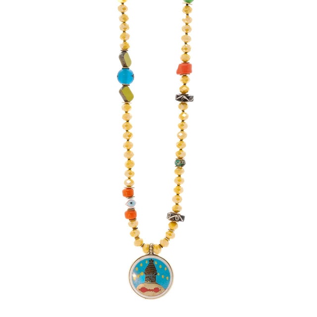 Bronze Colorful Nepal Mantra Pendant Yellow Beaded Long Necklace For Sale - Image 8 of 17