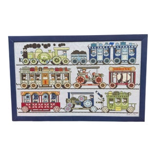 Rare Large Paul Smith "Trains" Needlepoint Wall Art — 65" Wide, Framed & Signed For Sale