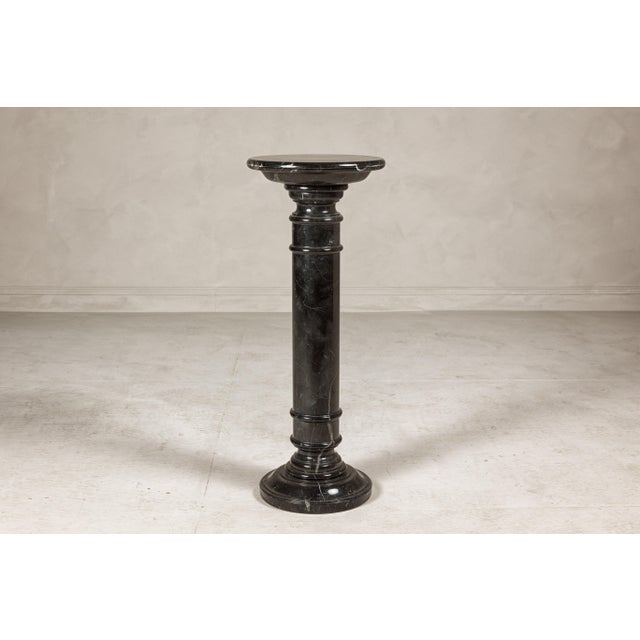 Vintage Black Marble Column Pedestal with White Veining and Stepped Base For Sale - Image 4 of 12