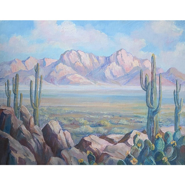 Original mid century oil painting by Pascal Hyde (1892-1973) featuring a Mojave Desert landscape scene. The medium is oil...