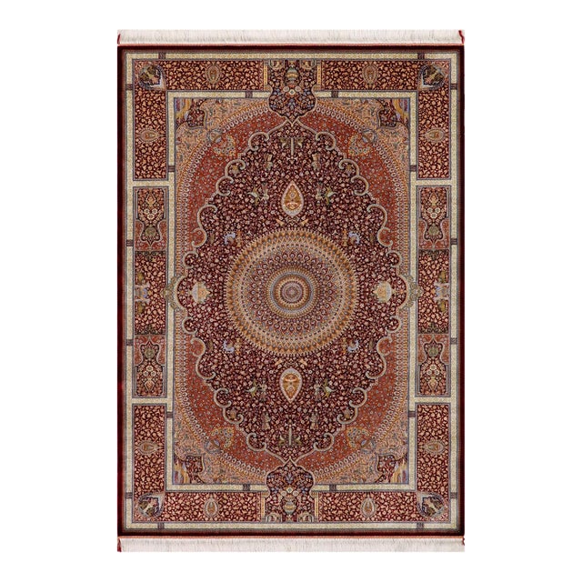 Fine Artisan Hand Knotted Red Silk Rug – 4'9" X 7'3" For Sale