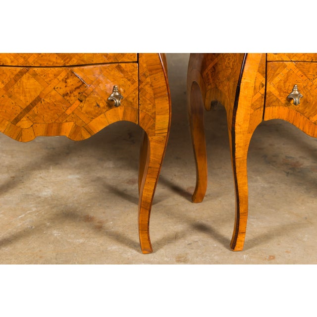 Rococo Mid 20th Century Italian Rococo Style Burl Wood Marquetry Bedside Chests with Cabriole Legs For Sale - Image 3 of 12