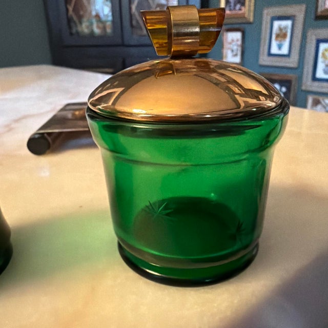 Emerald Vintage Paden City Emerald Glow Sugar, Creamer & Metal Tray - Star Cut Pattern For Sale - Image 8 of 11