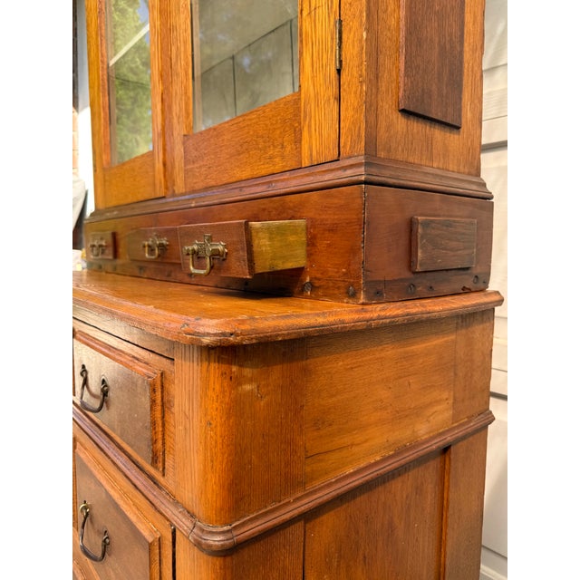 Early 1900s Architectural Oak Display Glass-Front Cabinet on Chest For Sale - Image 14 of 18