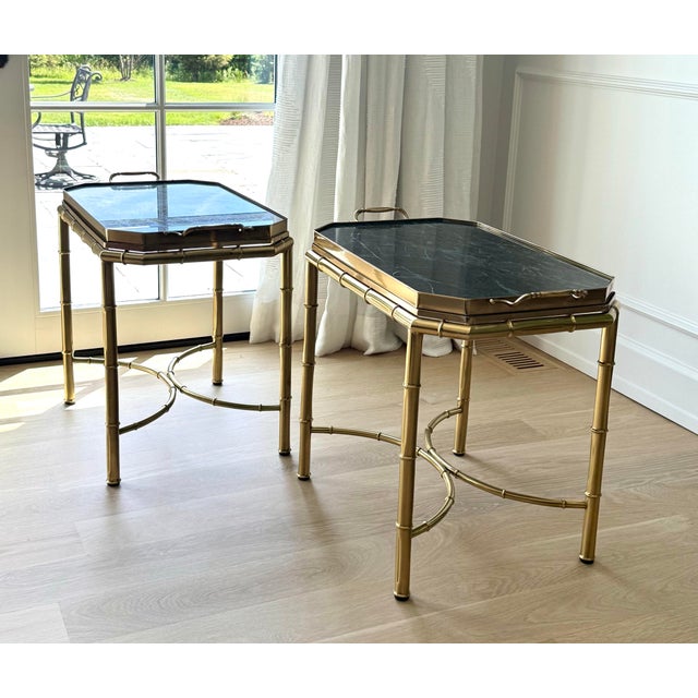 Chinoiserie Vintage Pair of Italian Hollywood Regency Faux Bamboo Brass & Verde Marble Butler’s Tray Tables For Sale - Image 3 of 10