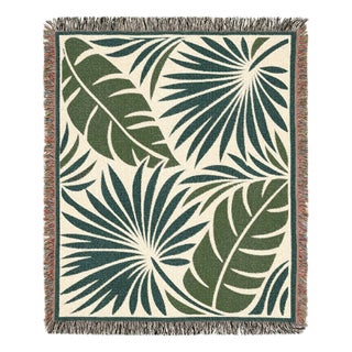 Tropical Palm Leaf Woven Throw Blanket – Green & Cream, 60 × 50 For Sale