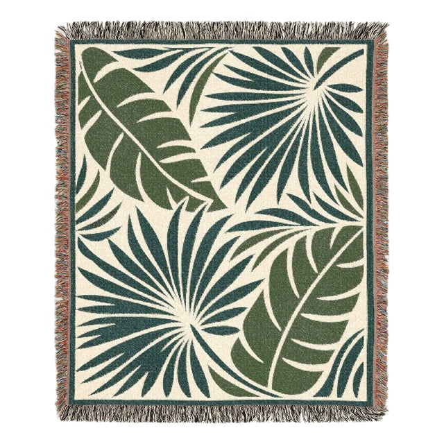 Tropical Palm Leaf Woven Throw Blanket – Green & Cream, 60 × 50 For Sale