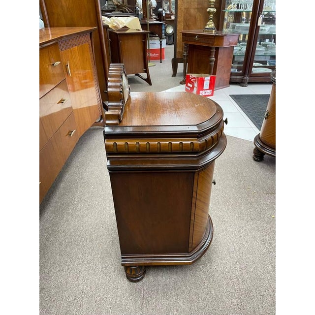 French Antique 1930's Bedroom Rounded Nightsand, Inlayed Analog Clock, Hand Carved Walnut, Large Cabinet For Sale - Image 3 of 11