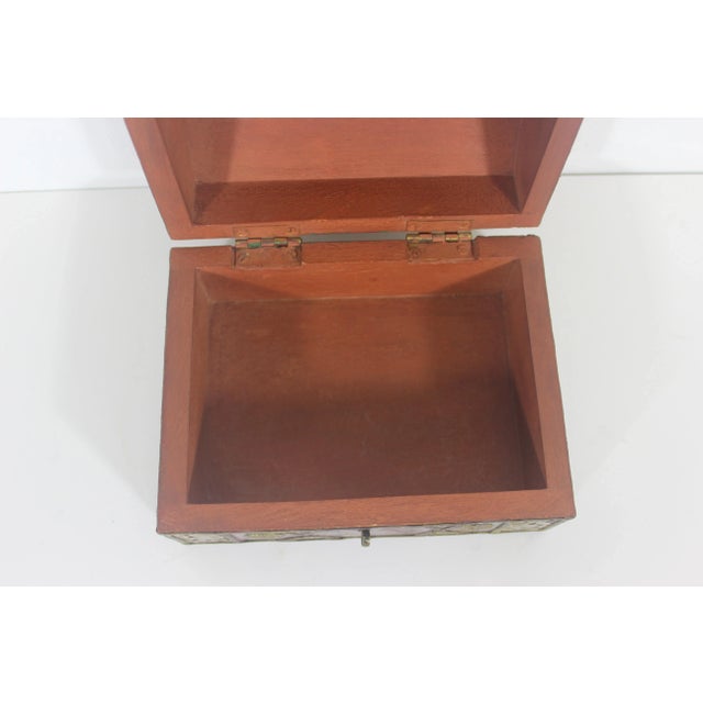 Vintage Humpback Dome Top Wood and Brass Box, Brass Trim, Lidded, Hinged Lid Box, Brown Red Green Gold Trinket For Sale - Image 10 of 10