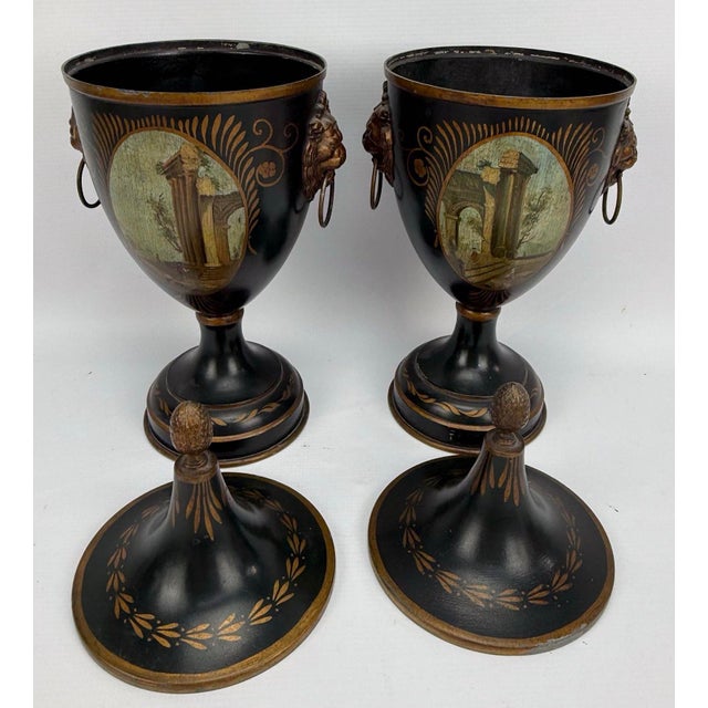 1970s Pair of Vintage Neoclassical Painted Toleware Lidded Urns With Lion Mask Handles For Sale - Image 5 of 12