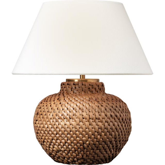 Transitional Marie Flanigan by Visual Comfort Signature Avedon 12" Cordless Accent Lamp in Natural Rattan with Linen Shade For Sale - Image 3 of 3
