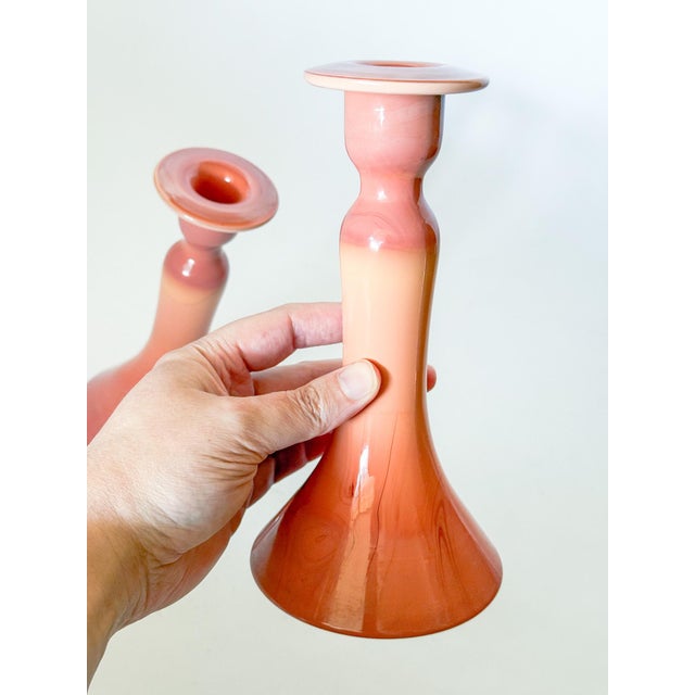 Antique Tiffin Carrara Coral Slag Glass Candlesticks, a Pair For Sale - Image 9 of 10