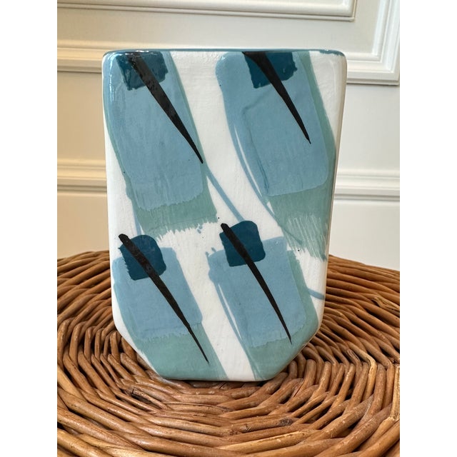 Terrific Postmodern Pop Art Ceramic Vase. Creamy warm white base with gorgeous blues and various green/grey/blues in...