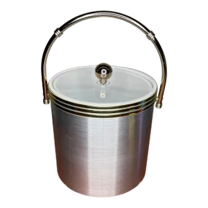 1980s Brushed Metallic Finish Ice Bucket With Acrylic Lid- 2 Pieces