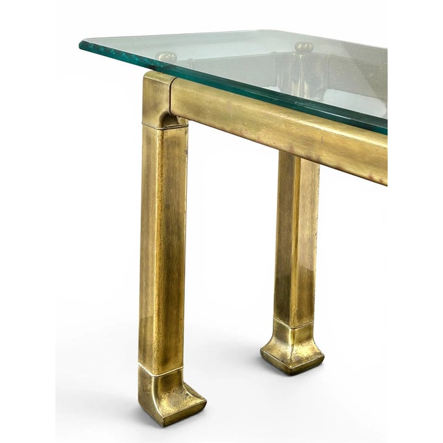 Mid-Century Modern MCM Mastercraft Attributed Brass & Glass Console Table For Sale - Image 3 of 11