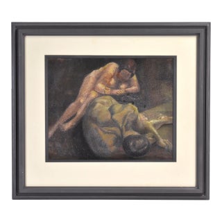 Vintage 1924 Marcel Gromaire Mixed Media Chalk Pastel and Gouache Nudes Portrait Painting For Sale