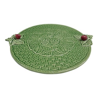 Contemporary Bordallo Pinheiro Green Basketweave & Strawberry Majolica Cheese Plate / Tray For Sale