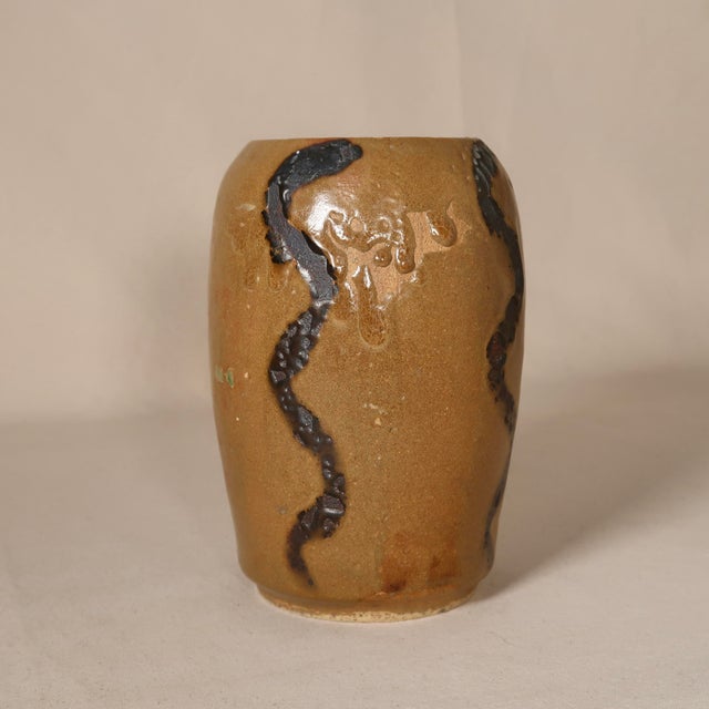 Organic Wheel Thrown Wood-Fired Stoneware Vase With Snake-Like Raised Surface Lines For Sale - Image 9 of 15