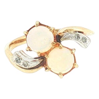 Mid-Century White Opal and Diamond Offset Ring, Size 6.5 For Sale