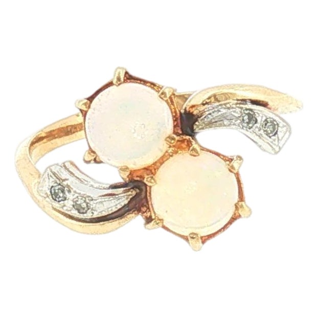 Mid-Century White Opal and Diamond Offset Ring, Size 6.5 For Sale