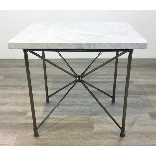 Original retail $3160, stylish Sherrill occasional modern white marble Halmstad end tables pair, silk nickel base with...
