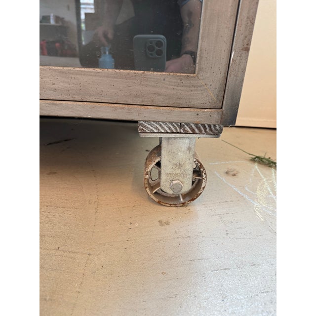 Vintage Industrial Steel Barrister Cabinet on Casters With Glass Lift Doors For Sale In New York - Image 6 of 6