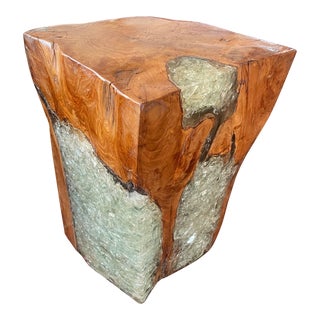 Elm Wood Glass and Resin Accent Table or Stool. For Sale