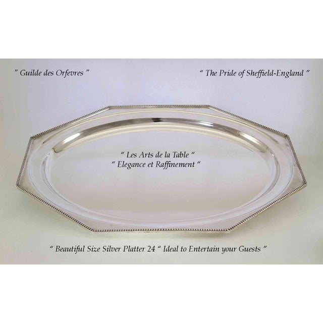 Traditional 1970’s Vintage/New Silverplate Octagonal Oval Platter With Bead Pattern, Applied Border For Sale - Image 3 of 7