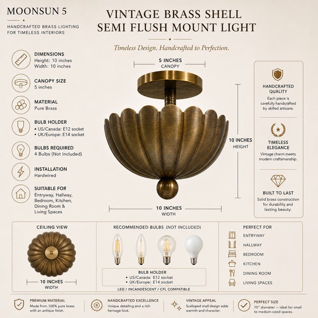Vintage Brass Shell Semi Flush Mount Light, Handmade Scalloped Brass Ceiling Chandelier, Art Deco Brass Fixture, Mid Century Ceiling Light For Sale - Image 6 of 13