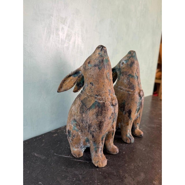 Folk Art Pair of Weathered Cast Iron Rabbit Garden Sculptures With Verdigris Patina For Sale - Image 3 of 9