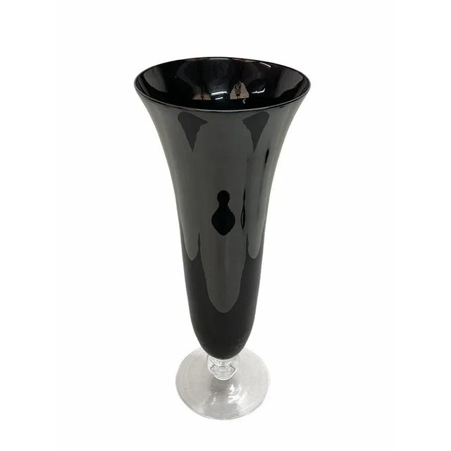 Amazing mid-century large black glass artistic vase with crystal base. This fantastic item was designed in Italy during...