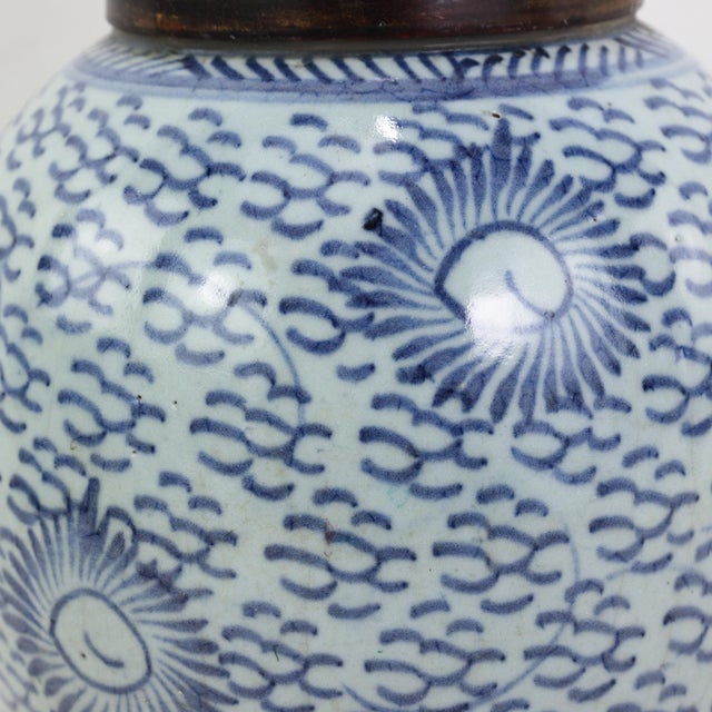 Blue Blue and White Antique Porcelain Vase Lamp With Cobalt Scalloped Cloud Motif on Wood Base For Sale - Image 8 of 12