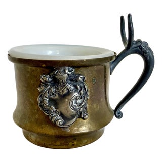 Antique Brass Shaving Mug With Milk Glass Liner & Silver-Toned Shield Cartouche For Sale