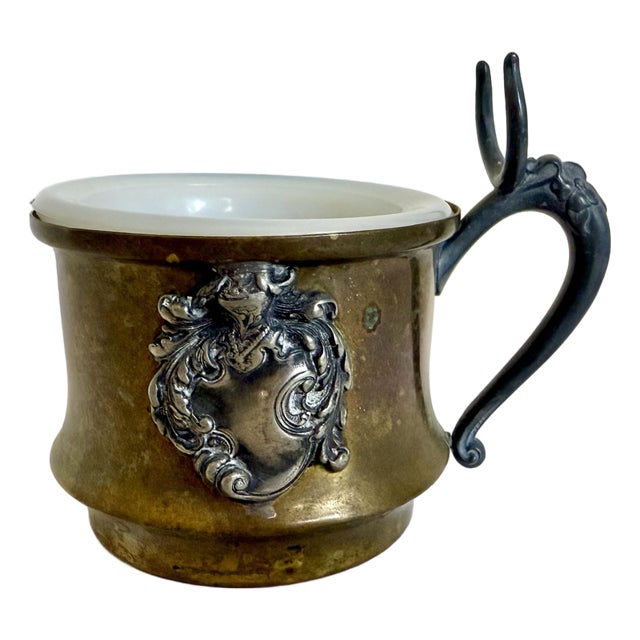 Antique Brass Shaving Mug With Milk Glass Liner & Silver-Toned Shield Cartouche For Sale