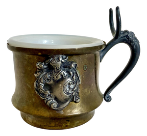 Antique Brass Shaving Mug With Milk Glass Liner & Silver-Toned Shield Cartouche