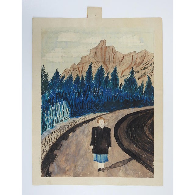 Rustic 1940s Outsider Folk Art Woman in Mountain Landscape Painting For Sale - Image 3 of 3