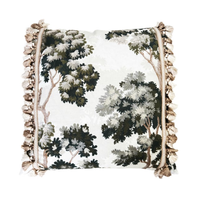 This lovely embroidered fabric with it 's leafy towering trees, is light and airy against an off white ground. Shades of...