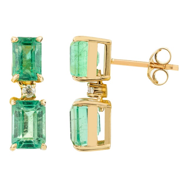 4.06 Ctw Octagon Cut Emerald Diamond Dangle Earrings - a Pair For Sale