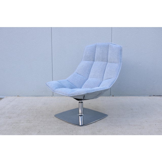 Metal Modern Contemporary Knoll Jehs+Laub Swivel Lounge Chair in Blue and White Fabric For Sale - Image 7 of 18