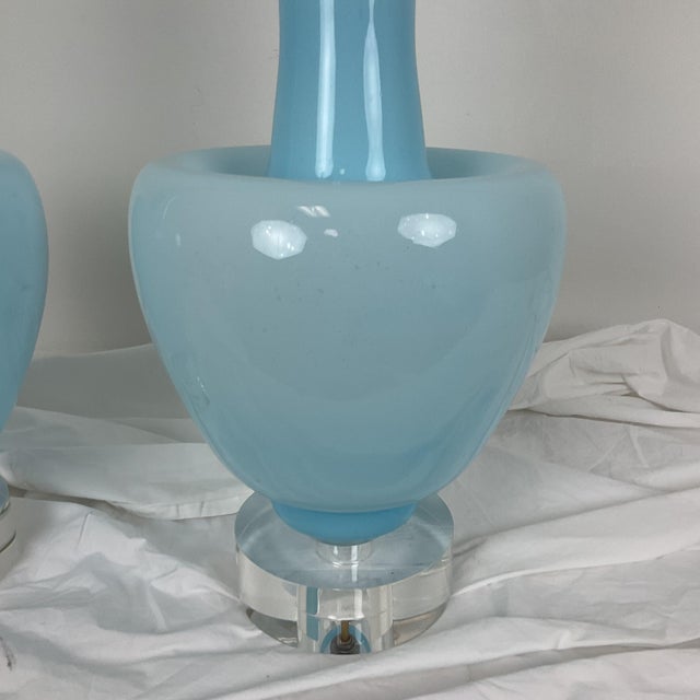 Glass Rare Vinatge Blue Murano Glass Lamp Pair For Sale - Image 7 of 10
