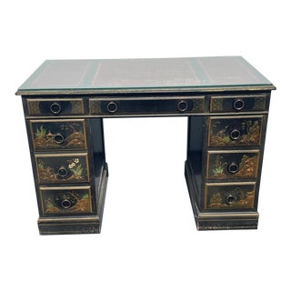 1960s Vintage Chinoiserie Black Gilt Wood and Leather Glass Top 8 Drawer Hand Painted Partner Desk in Black and Gold For Sale