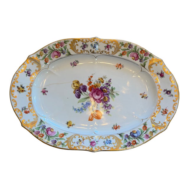 Early 20th Century Floral and Gold Hand Painted Serving Platter For Sale
