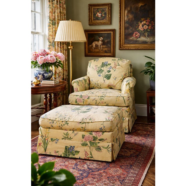 Henredon Custom Yellow Floral Chintz Upholstered Armchair With Ottoman Custom Henredon lounge chair and matching ottoman...