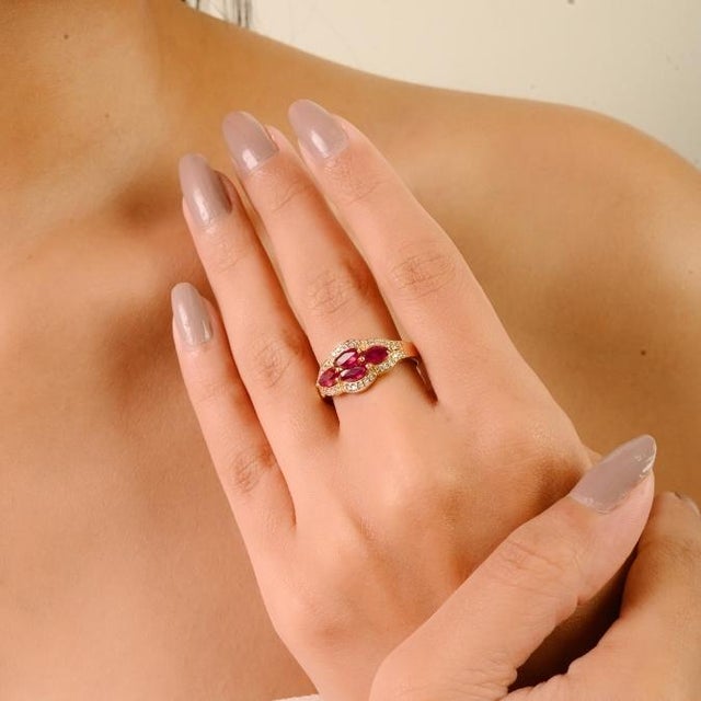 Vintage Inspired Cluster Ruby Diamond Cocktail Ring Size 6.5 in 14k Yellow Gold For Sale In New York - Image 6 of 16