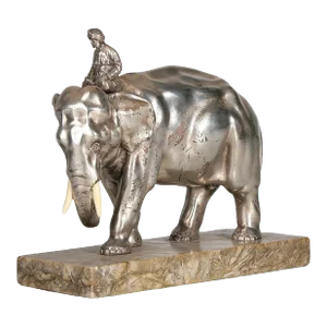 Ealy 20th Century Art Nouveau Silver-Tone Metal/Bone Elephant and Rider Sculpture With Stone Base, France