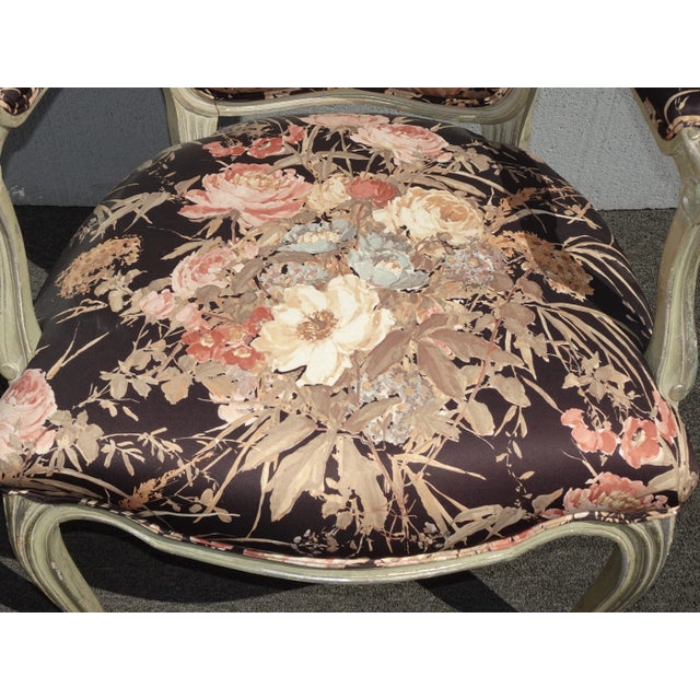 Silver Pair Vintage French Provincial Floral Arm Chairs W Silver Frames For Sale - Image 8 of 12